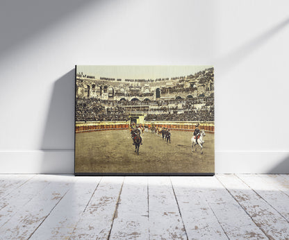 A picture of The arena, bull ring, Nîmes, France, a mockup of the print leaning against a wall