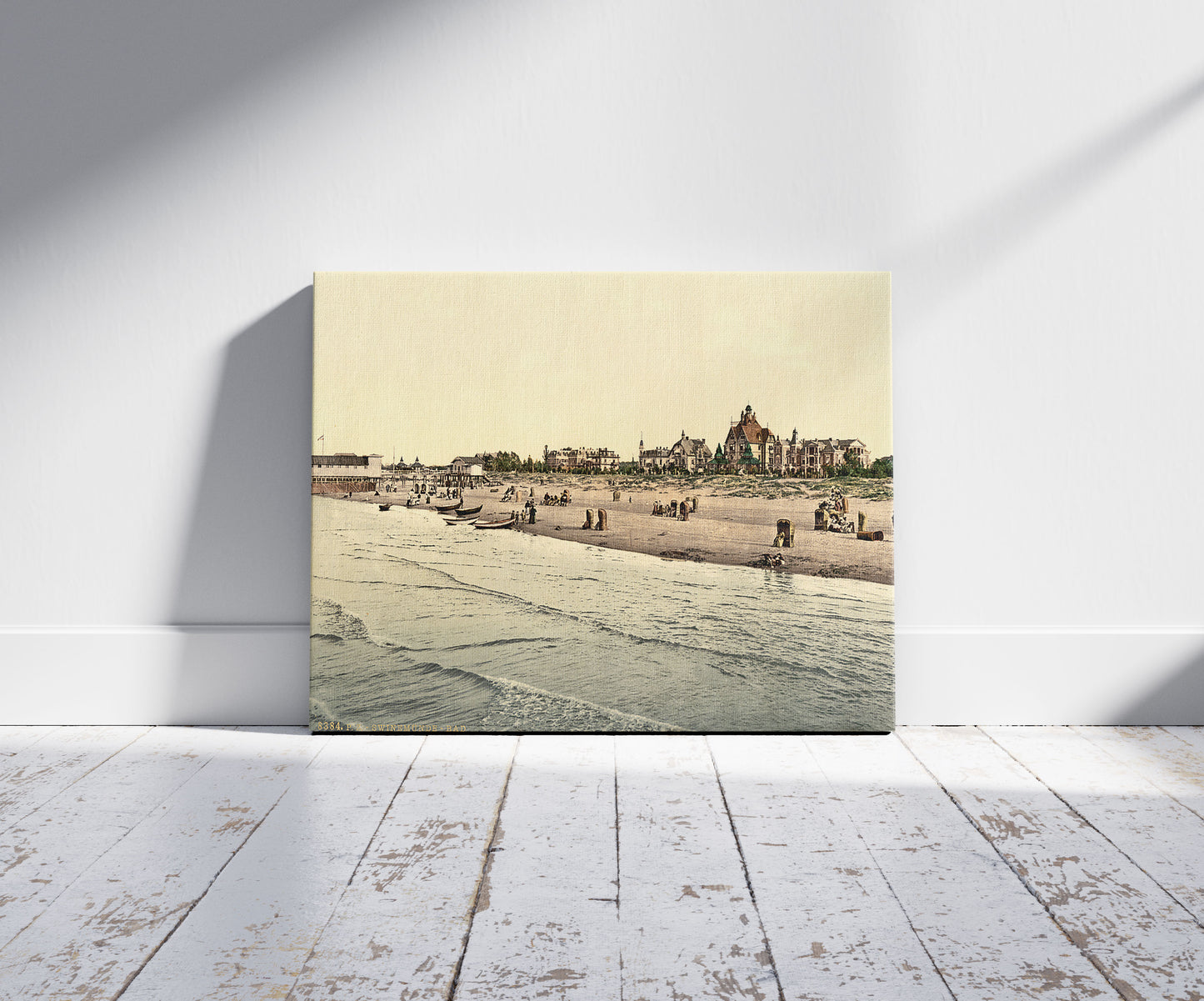 A picture of The baths, Swinemunde, Pomerania, Germany (i.e., Świnoujście, Poland), a mockup of the print leaning against a wall