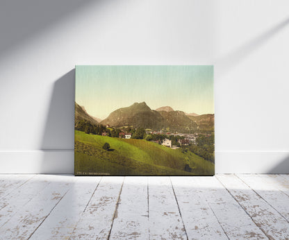 A picture of The baths towards the Lofererberge, Reichenhall, Bavaria, Germany, a mockup of the print leaning against a wall
