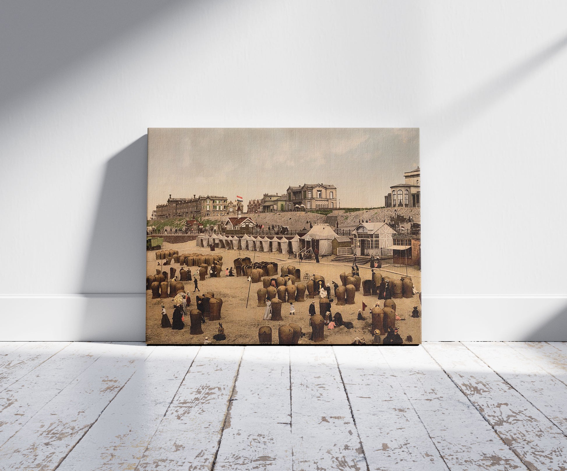 A picture of The beach and hotels, Scheveningen, Holland, a mockup of the print leaning against a wall