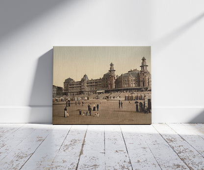 A picture of The beach and Kursaal, (i.e., Cursaal), Blankenberghe, Belgium, a mockup of the print leaning against a wall