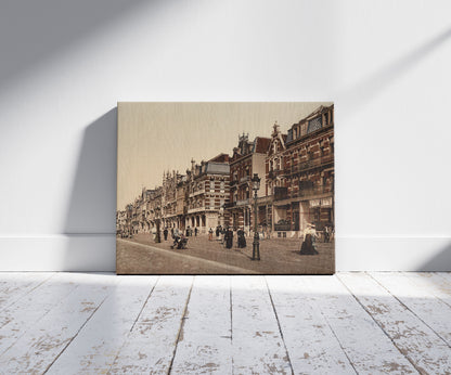 A picture of The beach and villas, Blankenberghe, Belgium, a mockup of the print leaning against a wall