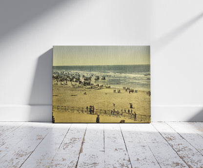 A picture of The beach from the Kursaal, (i.e., Cursaal), Ostend, Belgium, a mockup of the print leaning against a wall