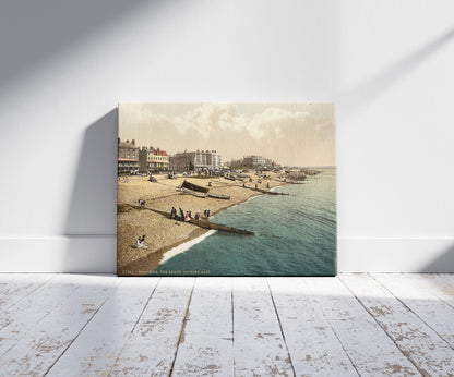 A picture of The beach looking east, Worthing, England, a mockup of the print leaning against a wall