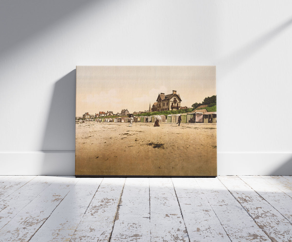 A picture of The beach, St. Pair, France, a mockup of the print leaning against a wall