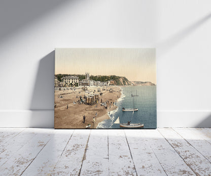 A picture of The beach, Teignmouth, England, a mockup of the print leaning against a wall