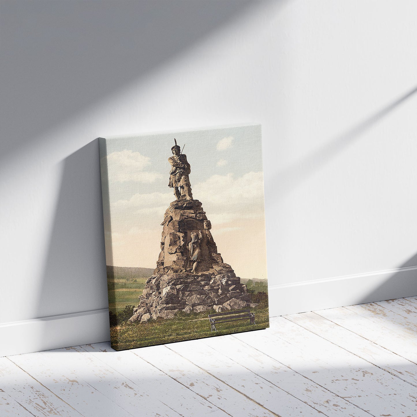 A picture of The Black Watch Monument, Aberfeldy, Scotland, a mockup of the print leaning against a wall