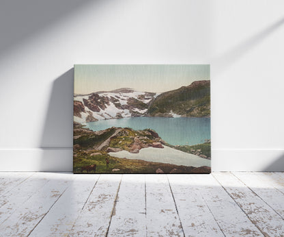 A picture of The Blue Lake, Mount Kosciusko, N.S.W., a mockup of the print leaning against a wall