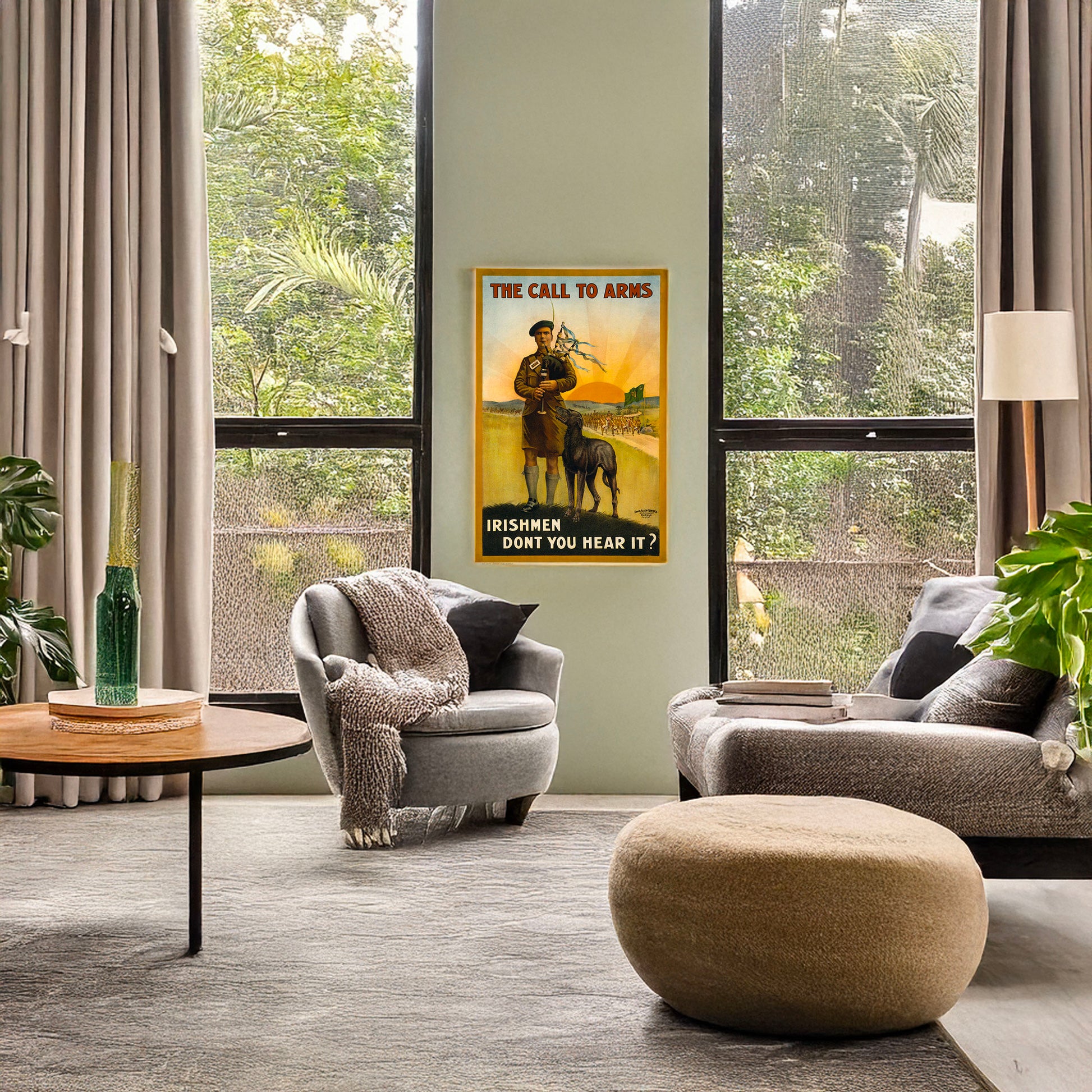 A picture of The call to arms. Irishmen don't you hear it?, a mockup of the print leaning against a wall