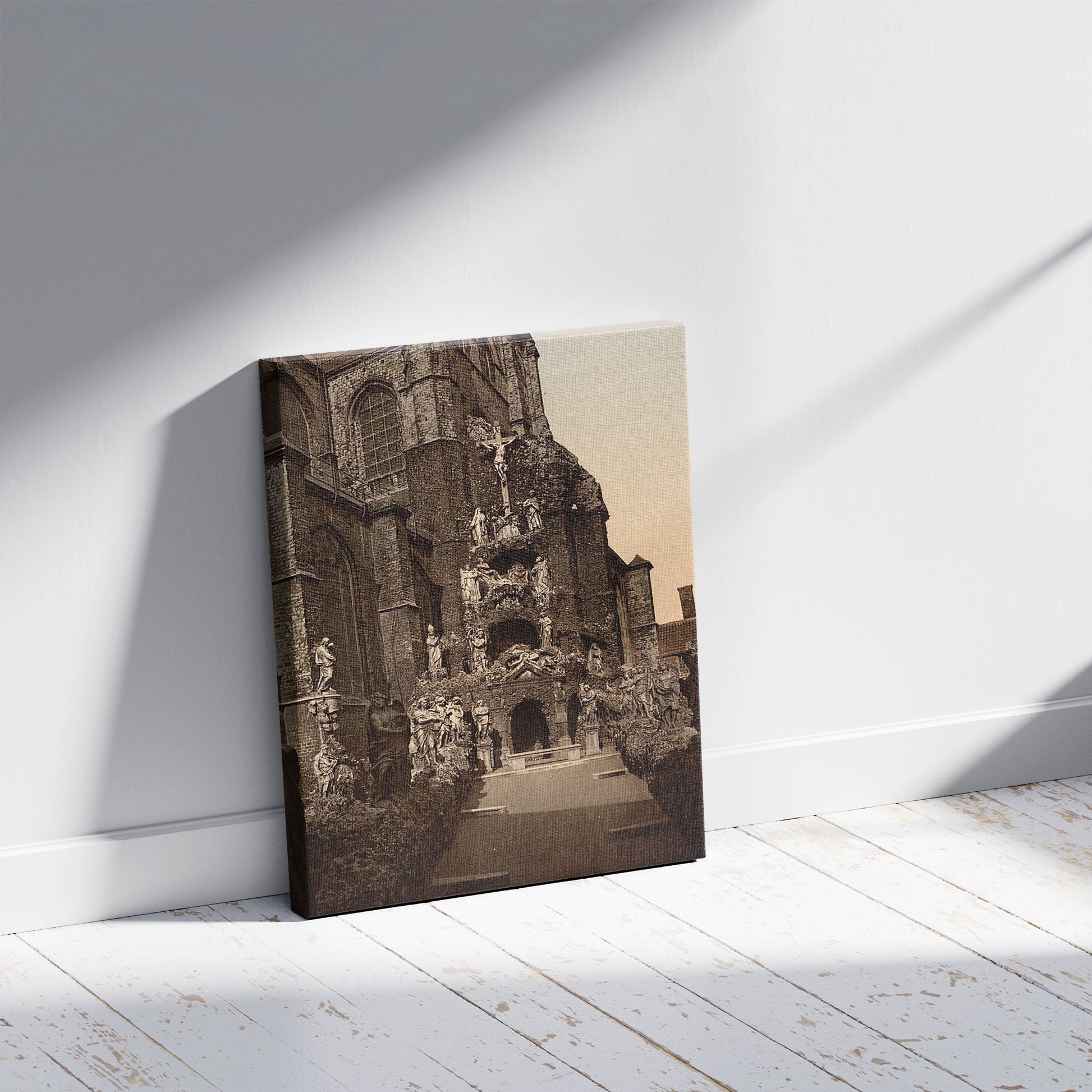 A picture of The Calvary, St. Paul's Church, Antwerp, Belgium, a mockup of the print leaning against a wall