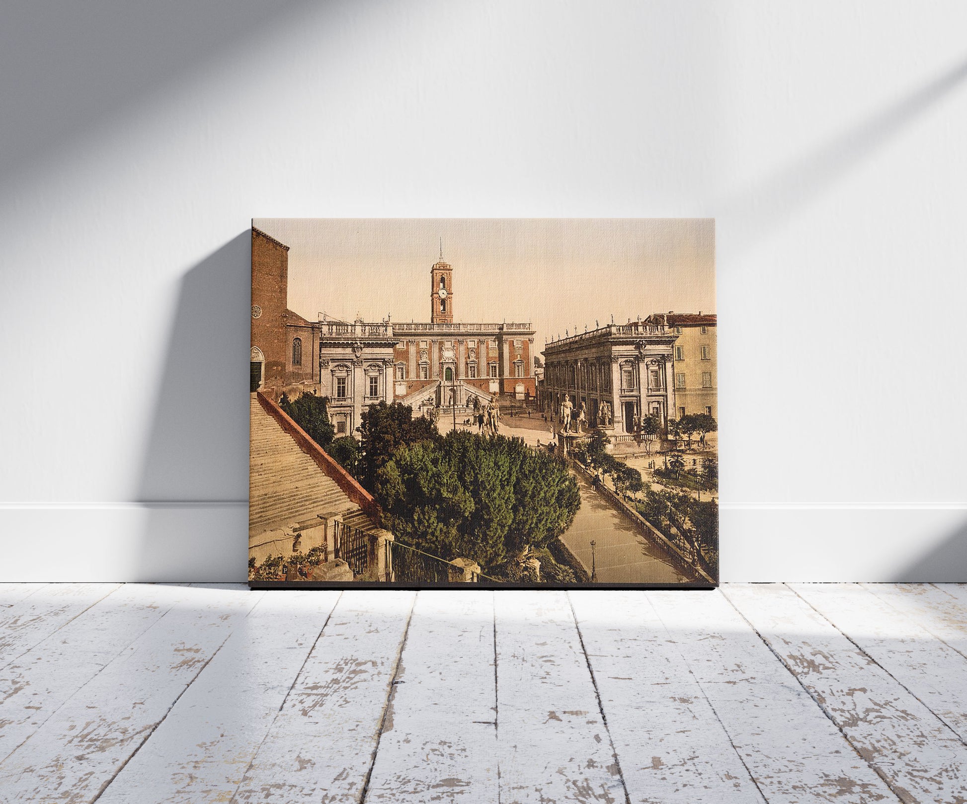 A picture of The Capitoline, Rome, Italy, a mockup of the print leaning against a wall