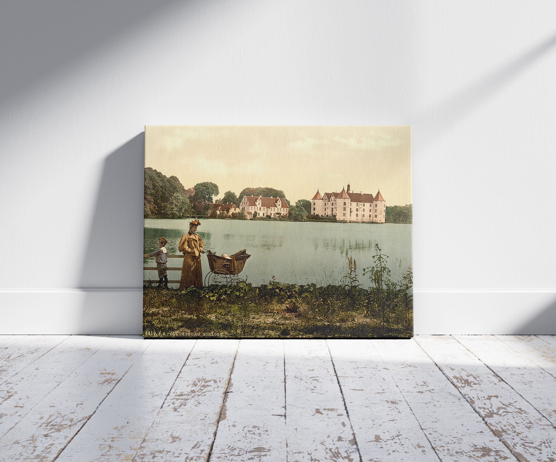 A picture of The castle, Glucksburg, Schleswig-Holstein, Germany, a mockup of the print leaning against a wall
