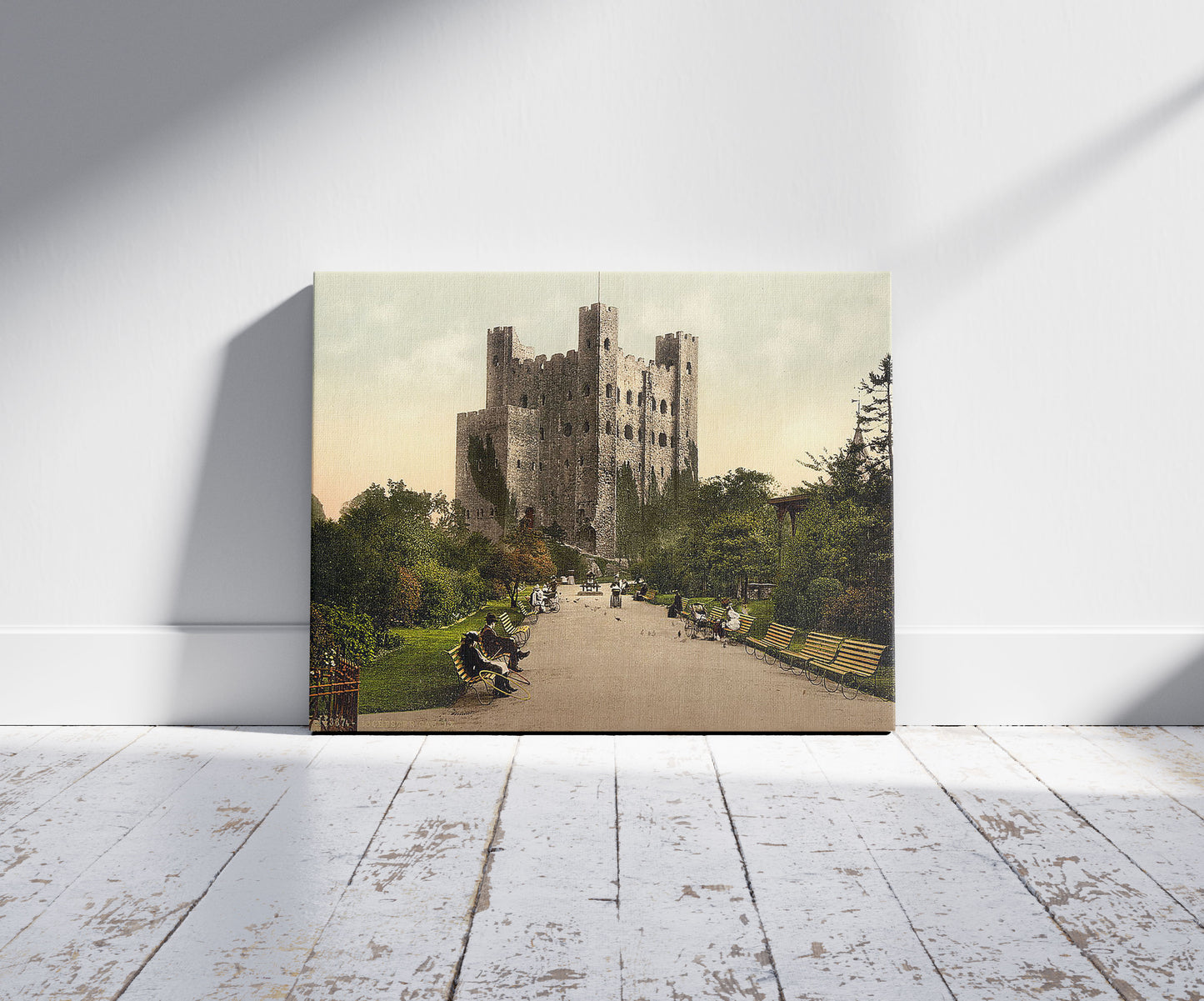 A picture of The castle, Rochester, England, a mockup of the print leaning against a wall