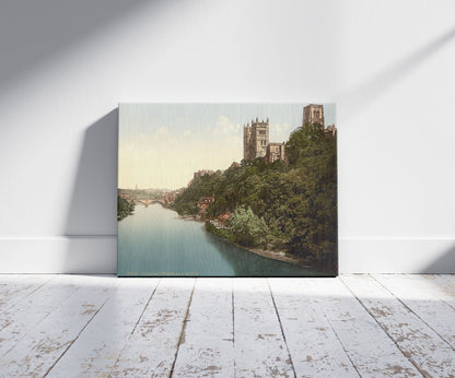 A picture of The cathedral and castle from the bridge, Durham, England, a mockup of the print leaning against a wall