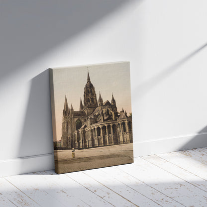 A picture of The cathedral, Bayeux, France, a mockup of the print leaning against a wall