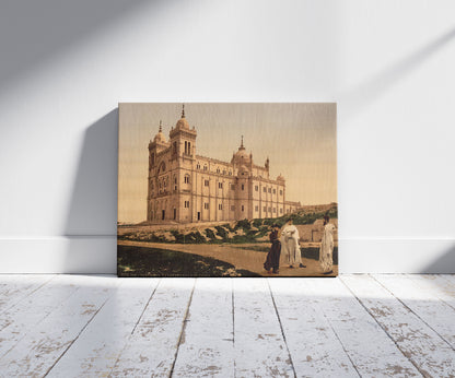 A picture of The cathedral, Carthage, Tunisia, a mockup of the print leaning against a wall