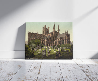 A picture of The cathedral, Chester, England, a mockup of the print leaning against a wall