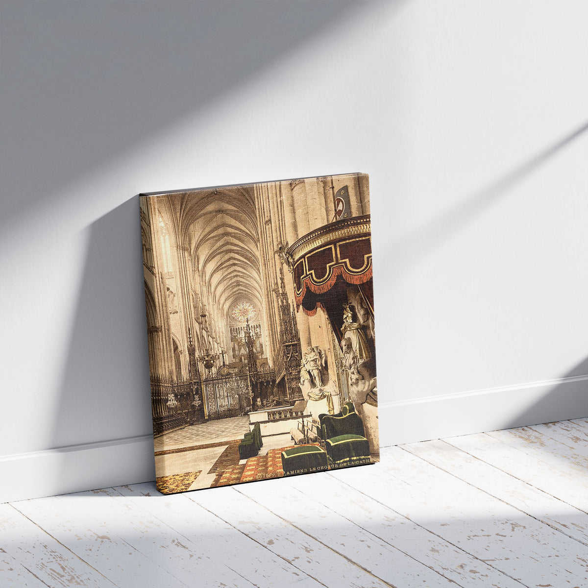 A picture of The Cathedral choir, Amiens, France, a mockup of the print leaning against a wall