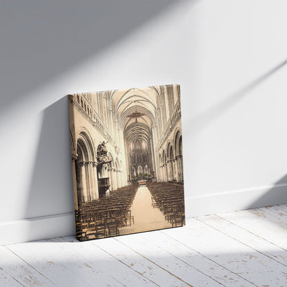 A picture of The cathedral, interior, Bayeux, France, a mockup of the print leaning against a wall