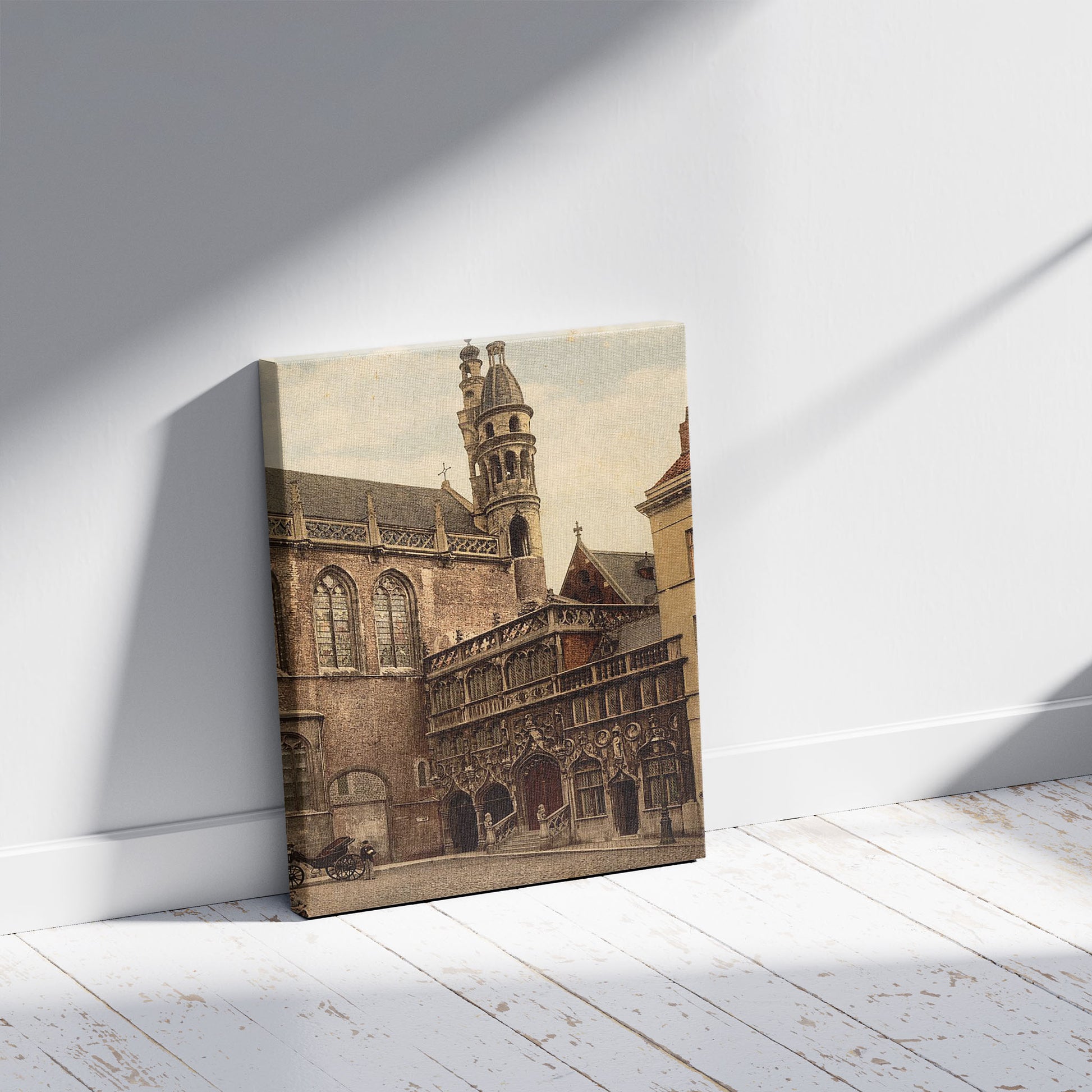 A picture of The chapel, Bruges, Belgium, a mockup of the print leaning against a wall