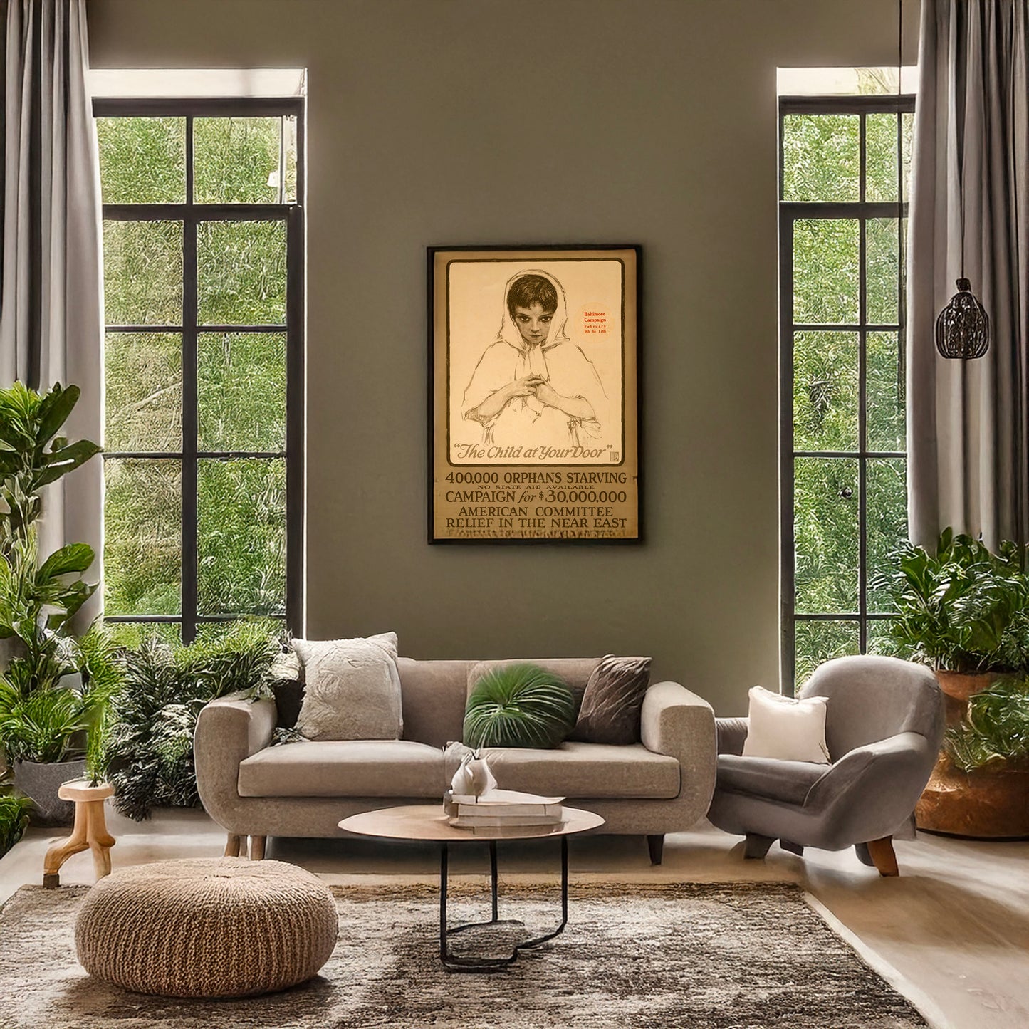 A picture of "The child at your door" 400,000 orphans starving, no state aid available--Campaign for $30,000,000., a mockup of the print leaning against a wall