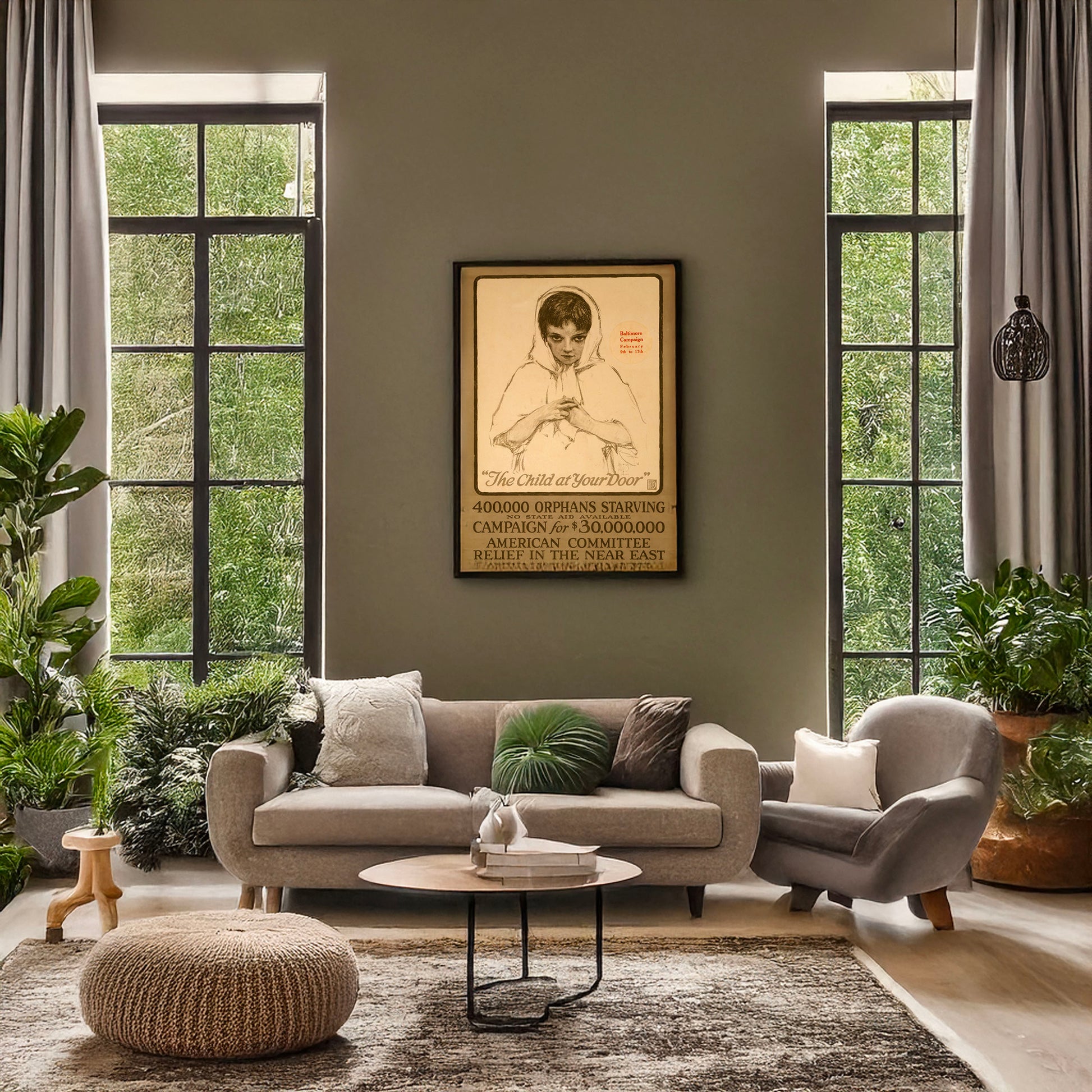 A picture of "The child at your door" 400,000 orphans starving, no state aid available--Campaign for $30,000,000., a mockup of the print leaning against a wall