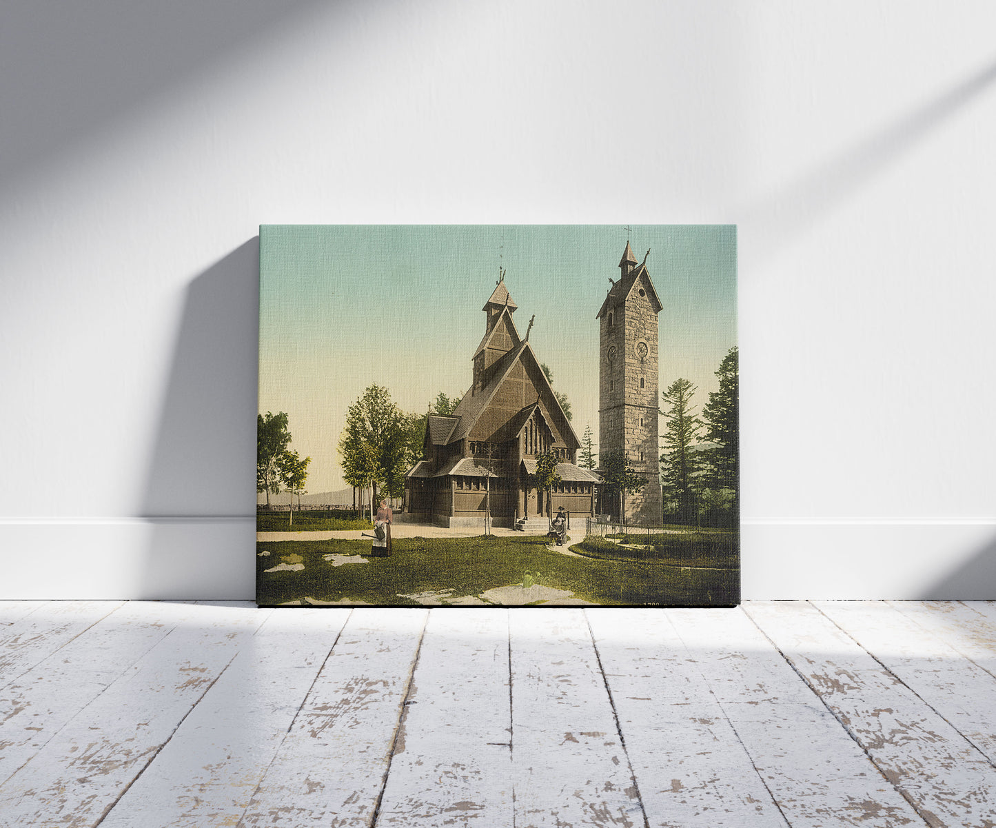 A picture of The Church of Wang, Riesengebirge, Germany, a mockup of the print leaning against a wall