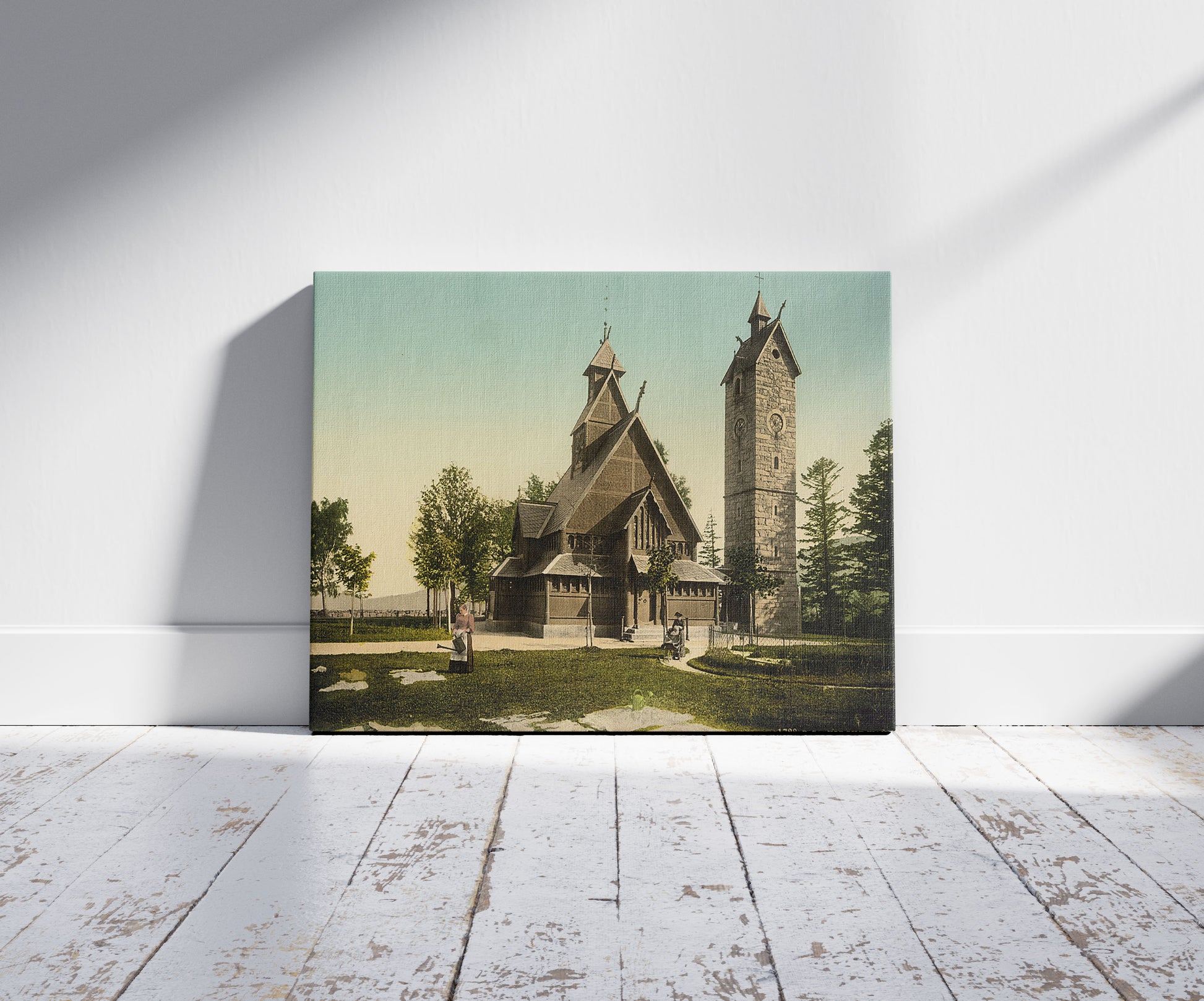 A picture of The Church of Wang, Riesengebirge, Germany, a mockup of the print leaning against a wall