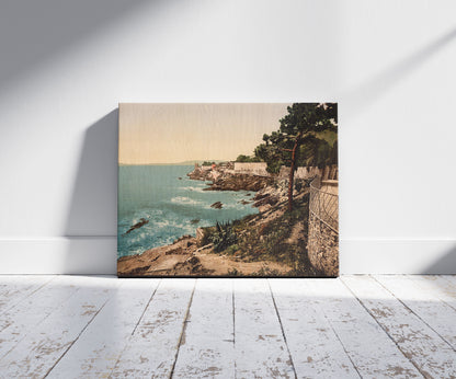 A picture of The cliffs, Nervi, Genoa, Italy, a mockup of the print leaning against a wall