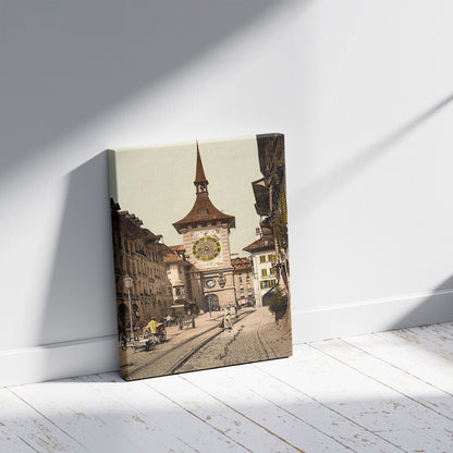 A picture of The clock tower, Berne, Town, Switzerland, a mockup of the print leaning against a wall