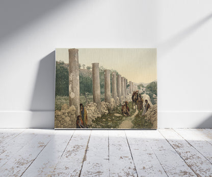 A picture of The colonnade, Samaria, Holy Land, a mockup of the print leaning against a wall