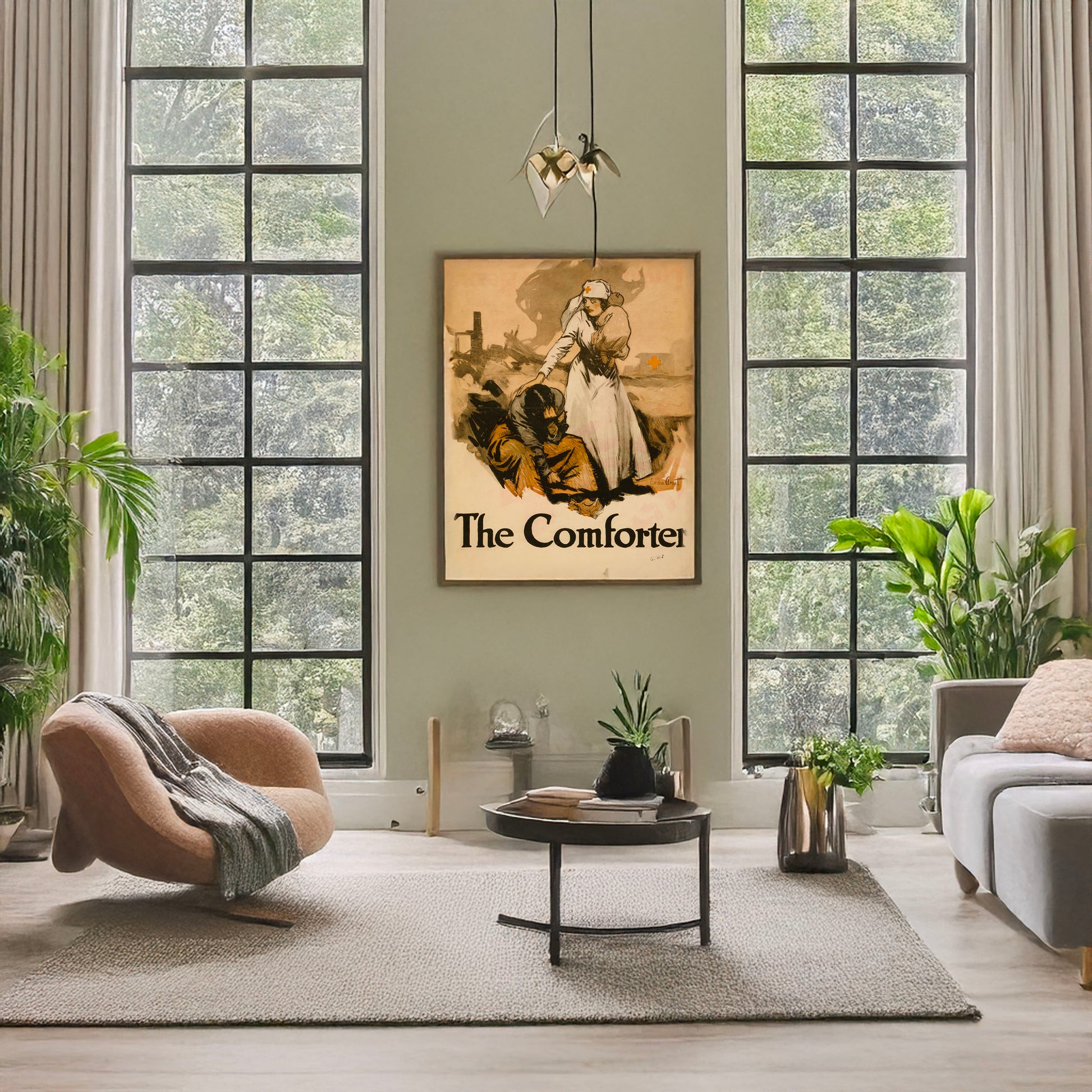 A picture of The comforter, a mockup of the print leaning against a wall