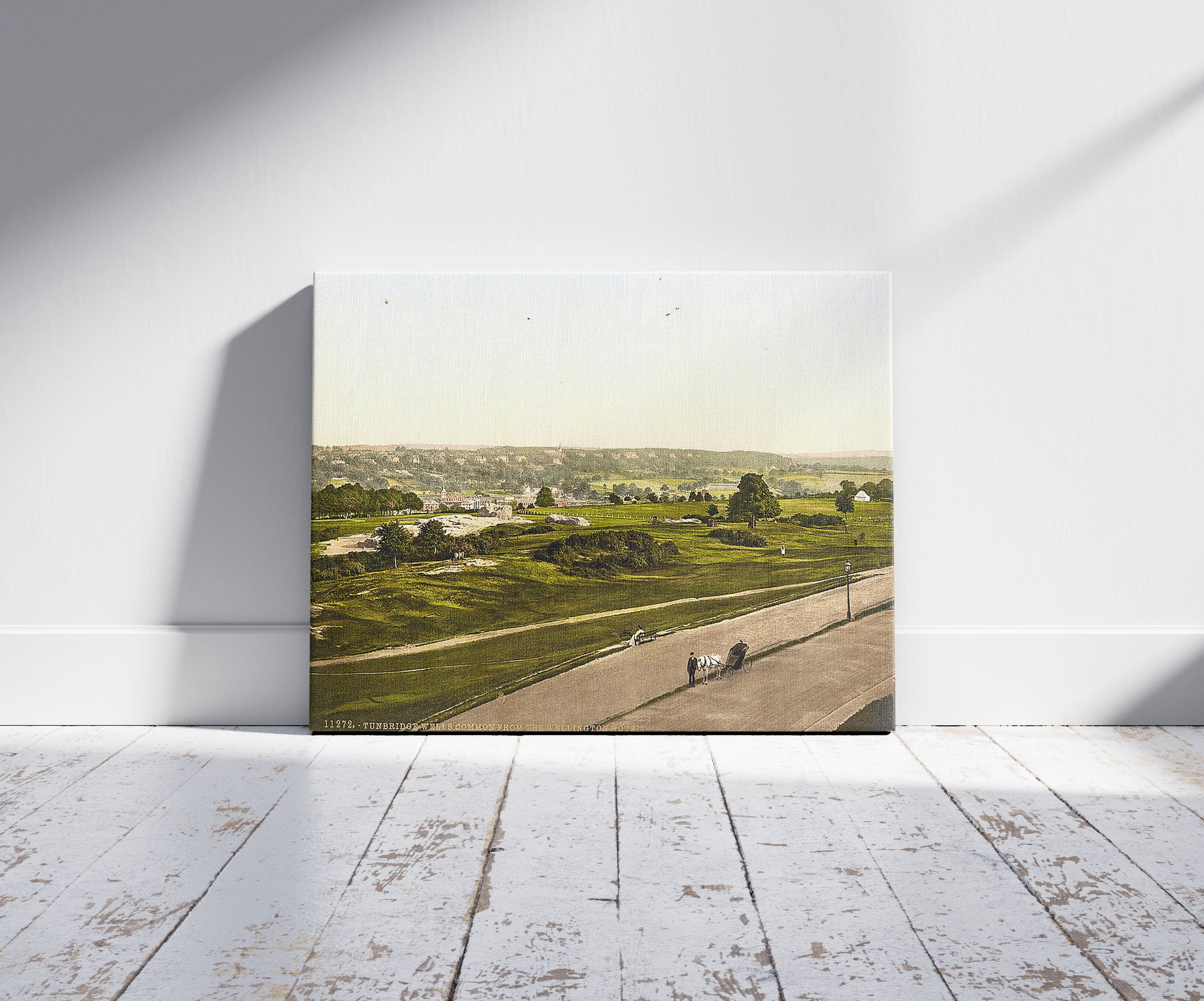 A picture of The common, from the Wellington Hotel, Tunbridge Wells, England, a mockup of the print leaning against a wall