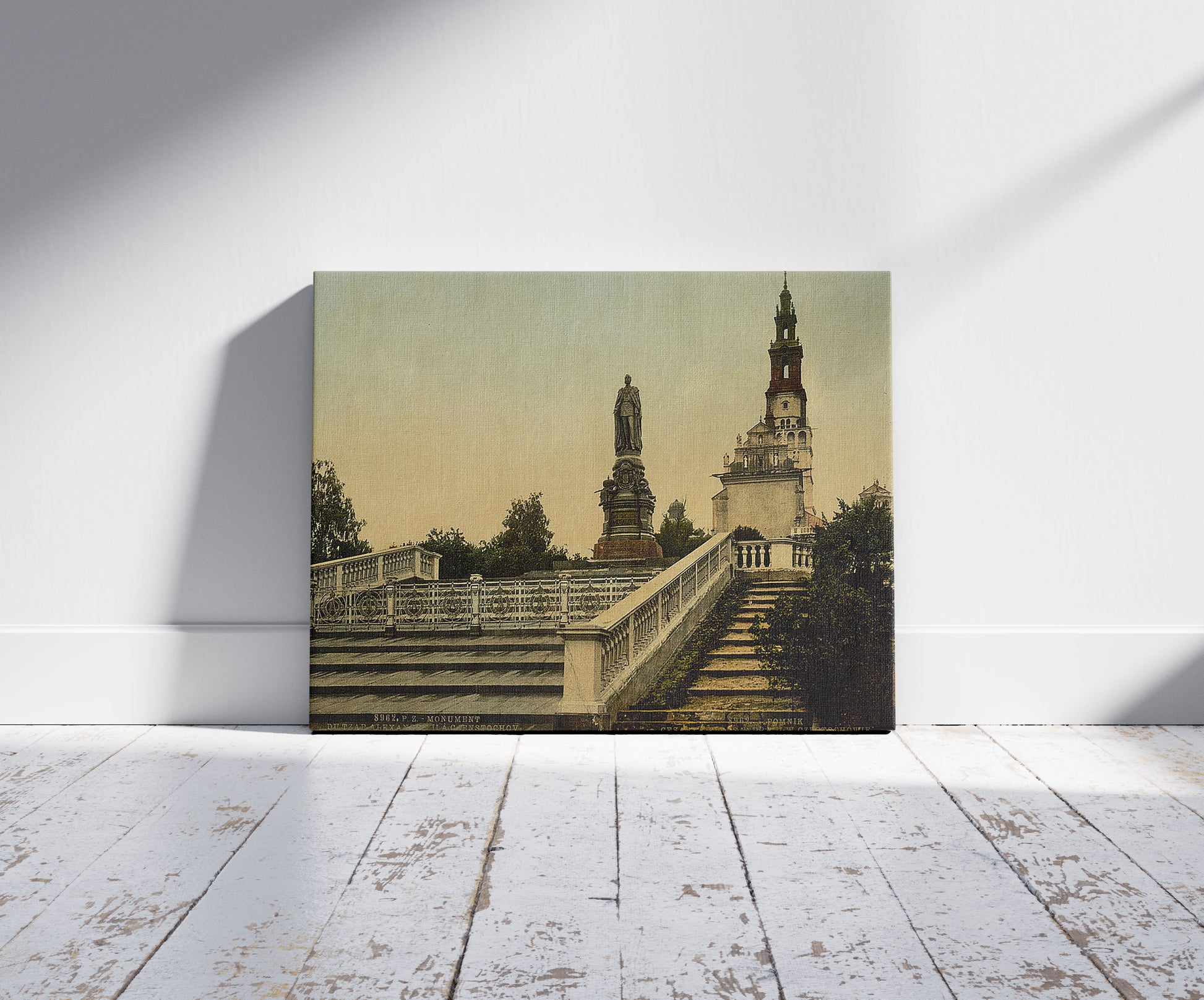 A picture of The Czar Alexander's monument, Czenstochow, Czestochowa, Poland, a mockup of the print leaning against a wall