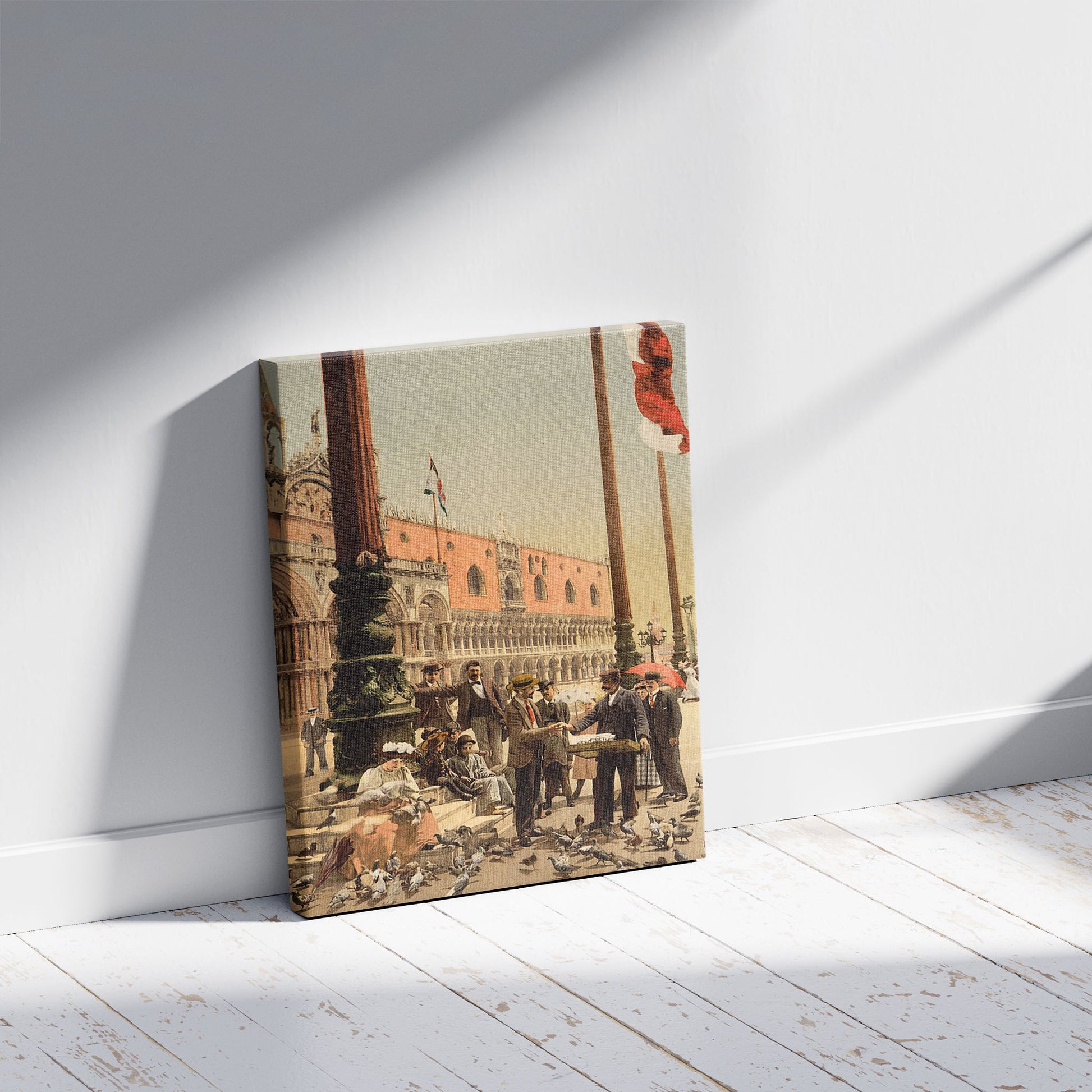 A picture of The Doges' Palace and the Columns of St. Mark's, Venice, Italy, a mockup of the print leaning against a wall