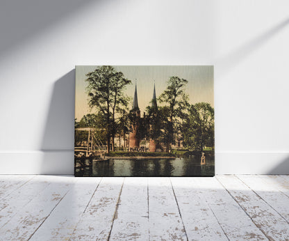 A picture of The East Gate, Delft, Holland, a mockup of the print leaning against a wall