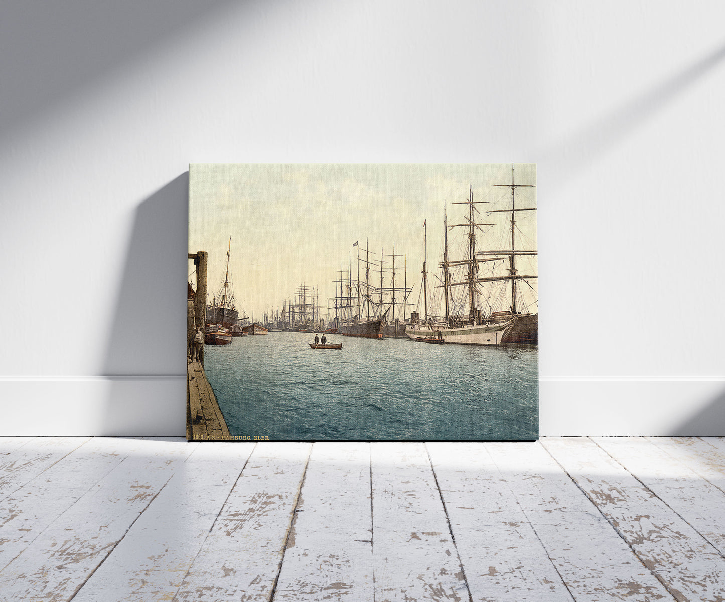 A picture of The Elbe, Hamburg, Germany, a mockup of the print leaning against a wall