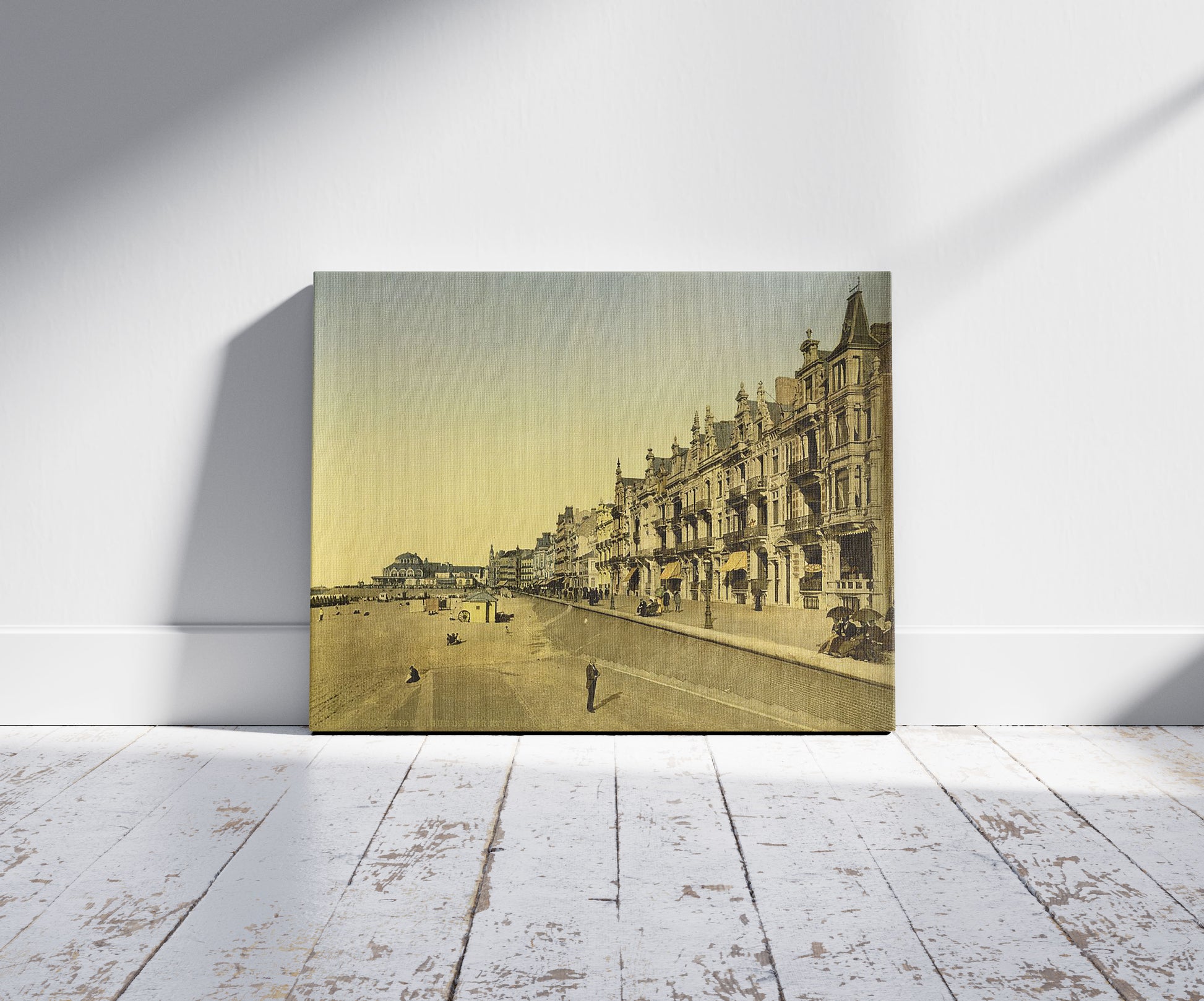 A picture of The embankment and Kursaal, (i.e., Cursaal), Ostend, Belgium, a mockup of the print leaning against a wall