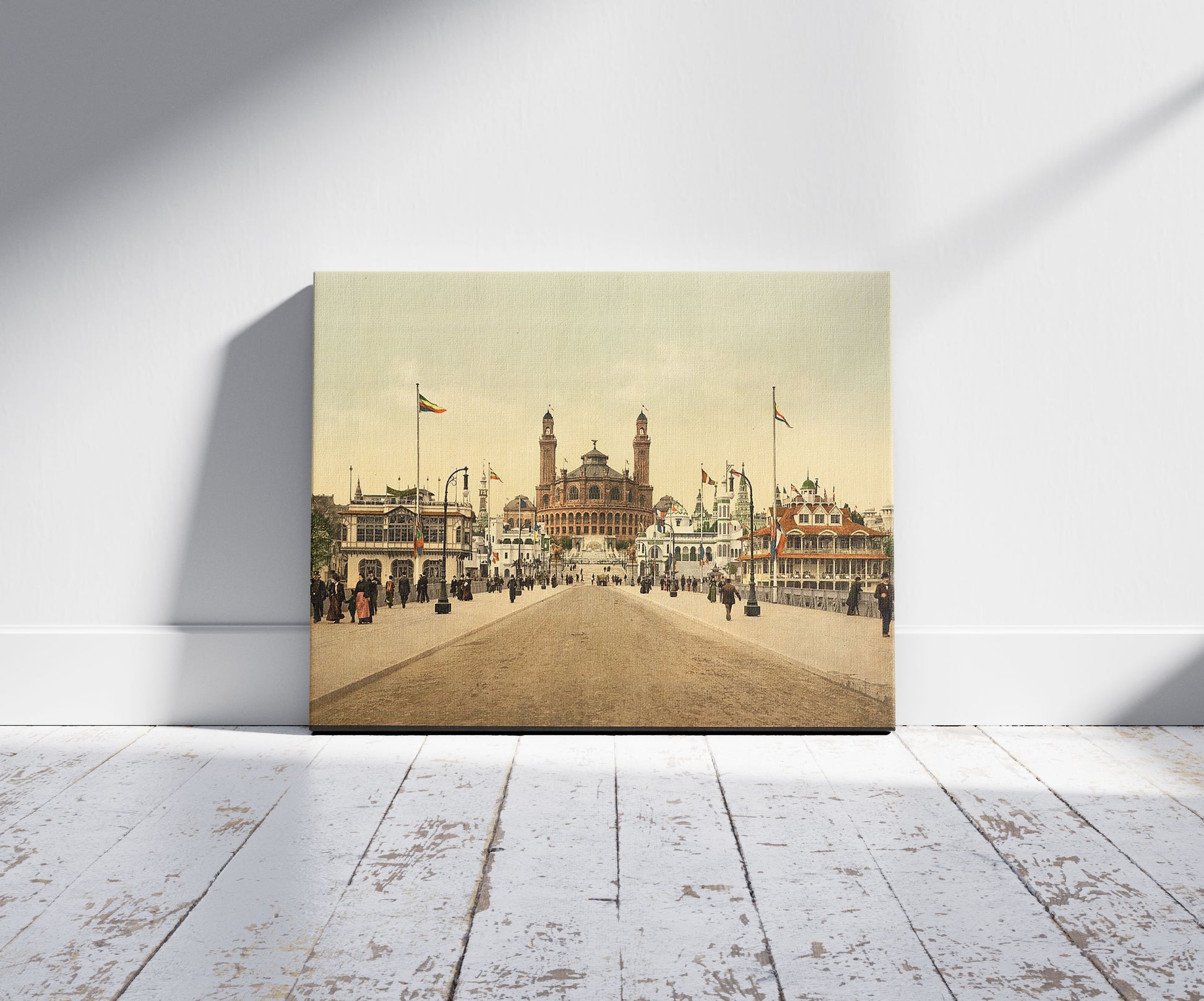 A picture of The environs of the Trocadero, Exposition Universal, 1900, Paris, France, a mockup of the print leaning against a wall