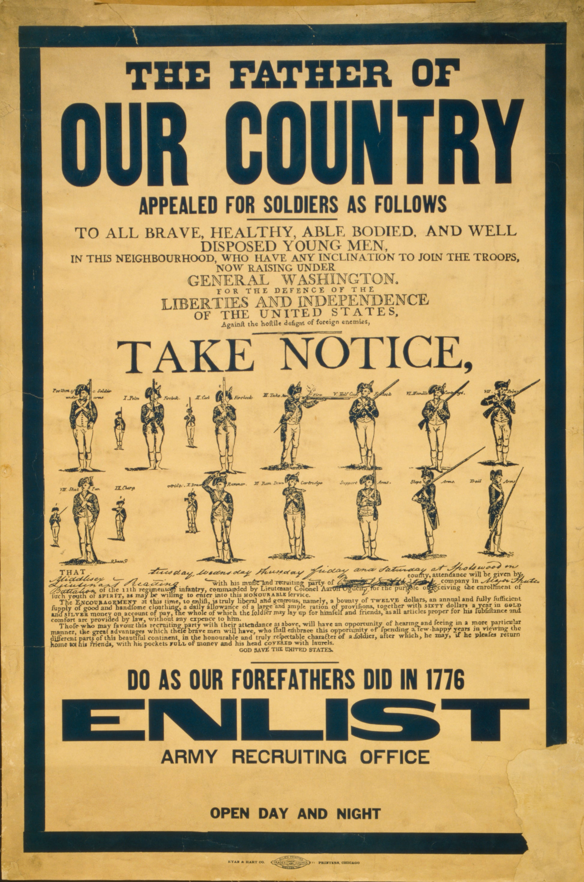 A picture of The father of our country appealed for soldiers as follows: to all brave, healthy, able bodied, and well disposed young men ...