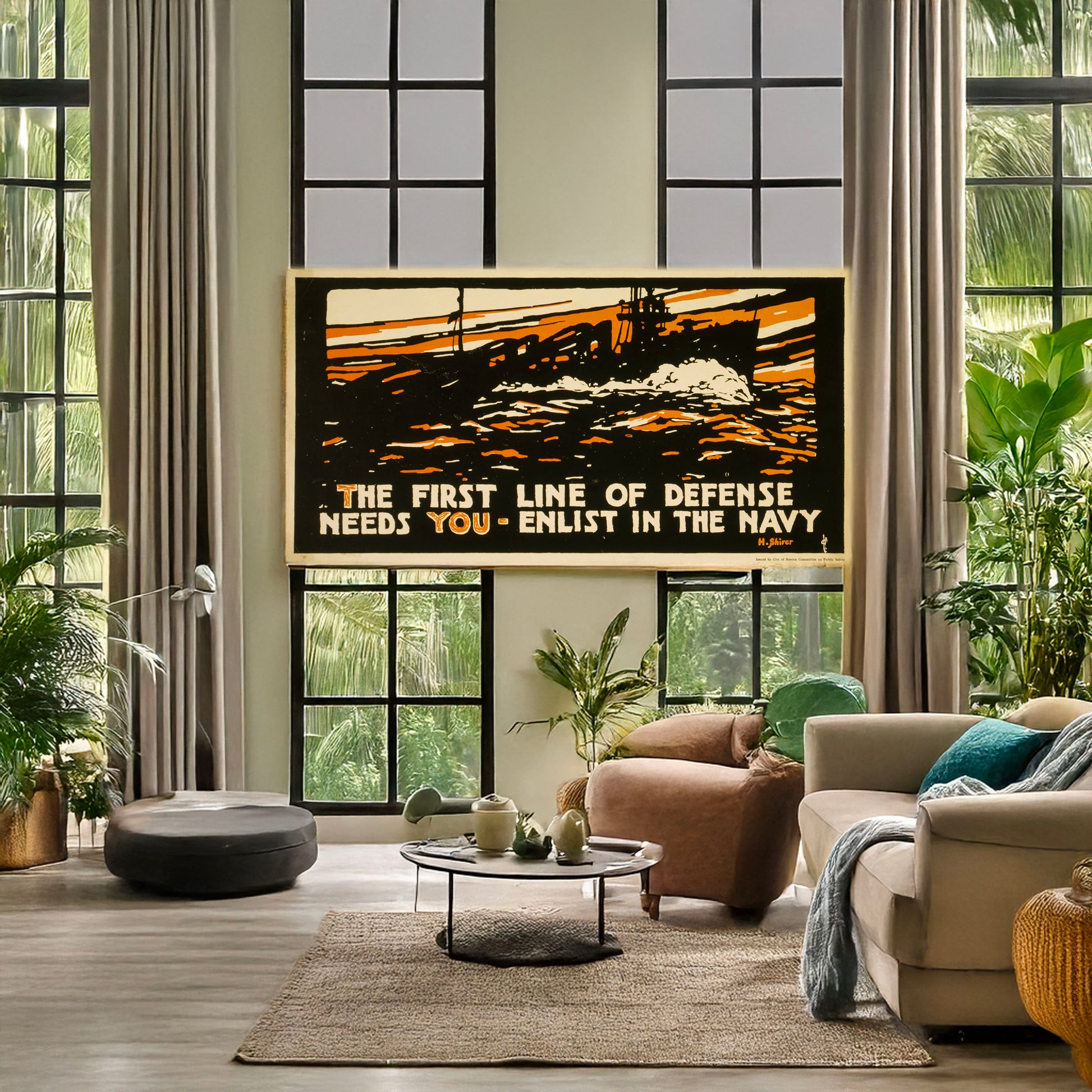 A picture of The first line of defense needs you - enlist in the Navy, a mockup of the print leaning against a wall