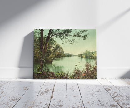 A picture of The French Broad at the Swannanoa, Asheville, N.C., a mockup of the print leaning against a wall