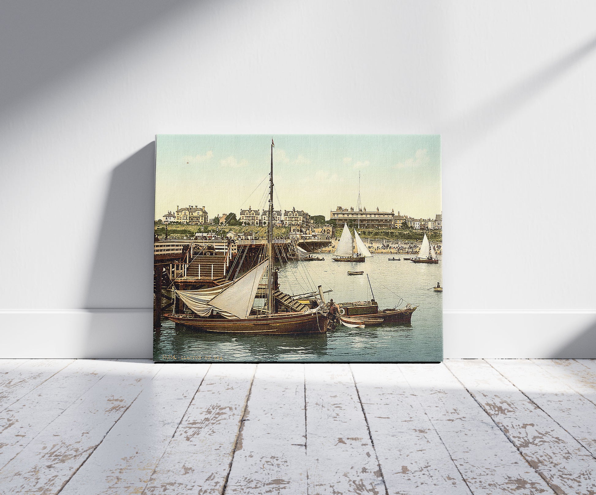 A picture of The front pier from pier end, Clacton-on-Sea, England, a mockup of the print leaning against a wall