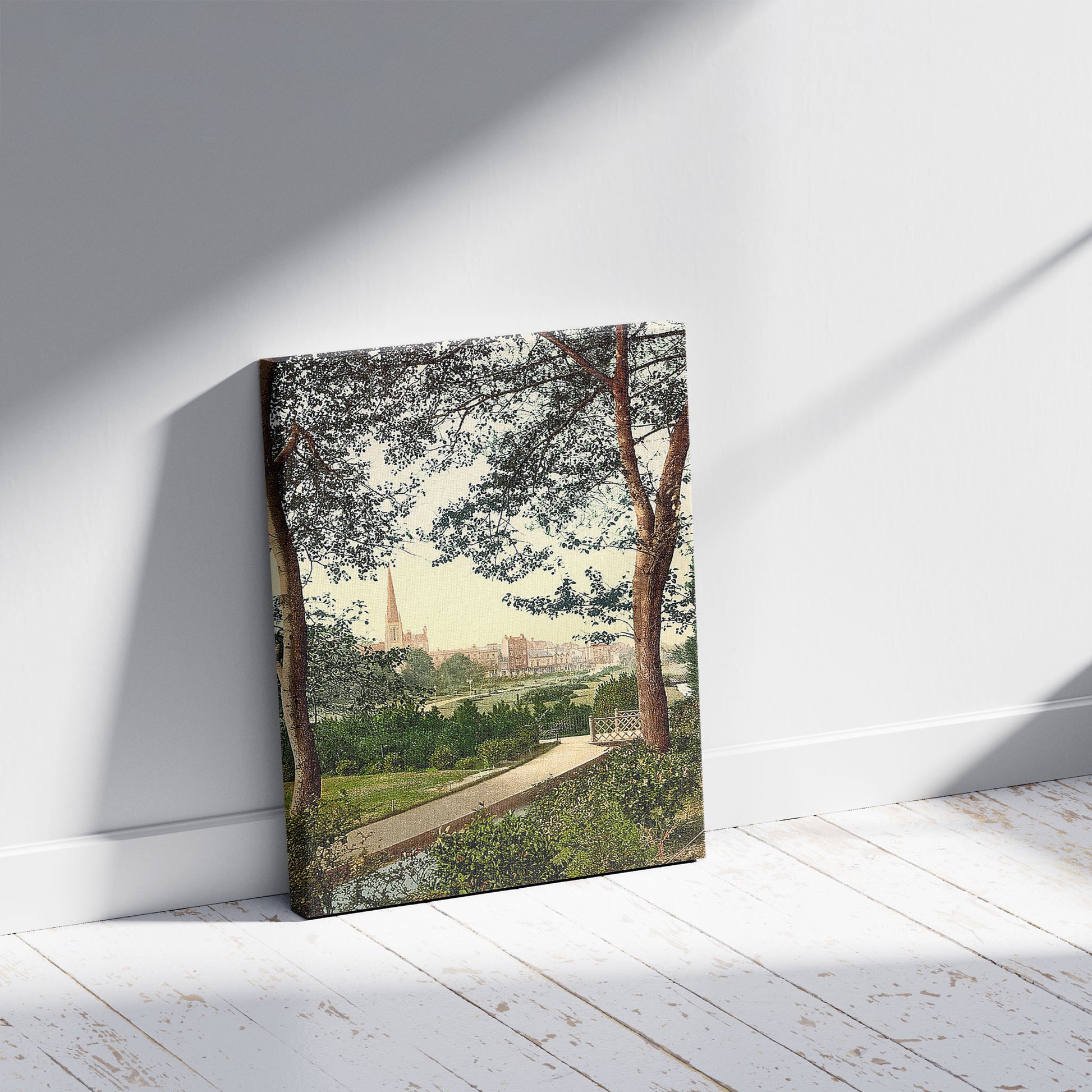 A picture of The Gardens I, Bournemouth, England, a mockup of the print leaning against a wall