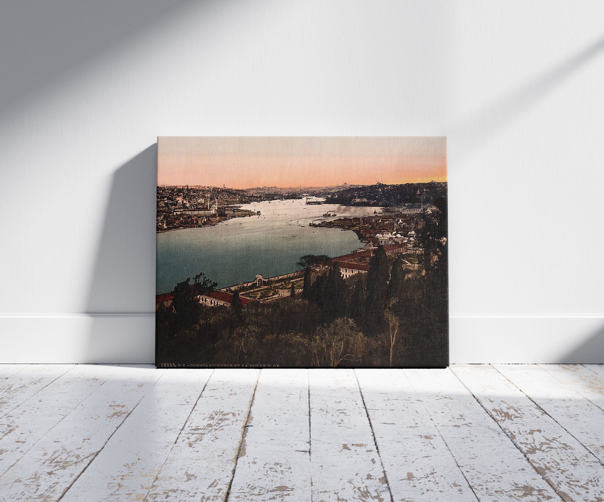 A picture of The Golden Horn, Constantinople, Turkey, a mockup of the print leaning against a wall