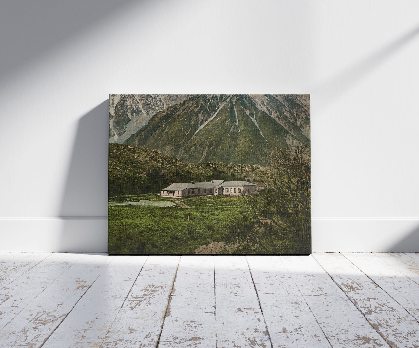 A picture of The Government Hermitage Hotel, Mt. Cook, a mockup of the print leaning against a wall