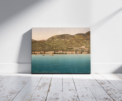 A picture of The Grand Hotel, Gardone, Lake Garda, Italy, a mockup of the print leaning against a wall