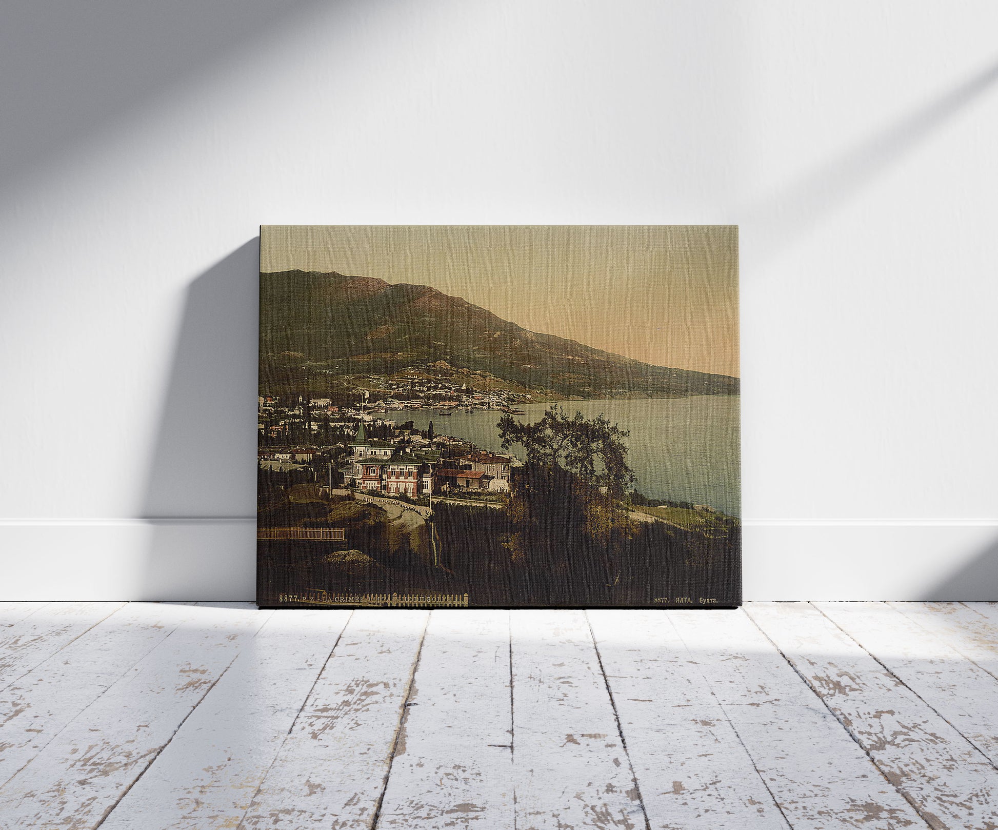 A picture of The gulf, Jalta, Yalta, the Crimea, Ukraine, a mockup of the print leaning against a wall