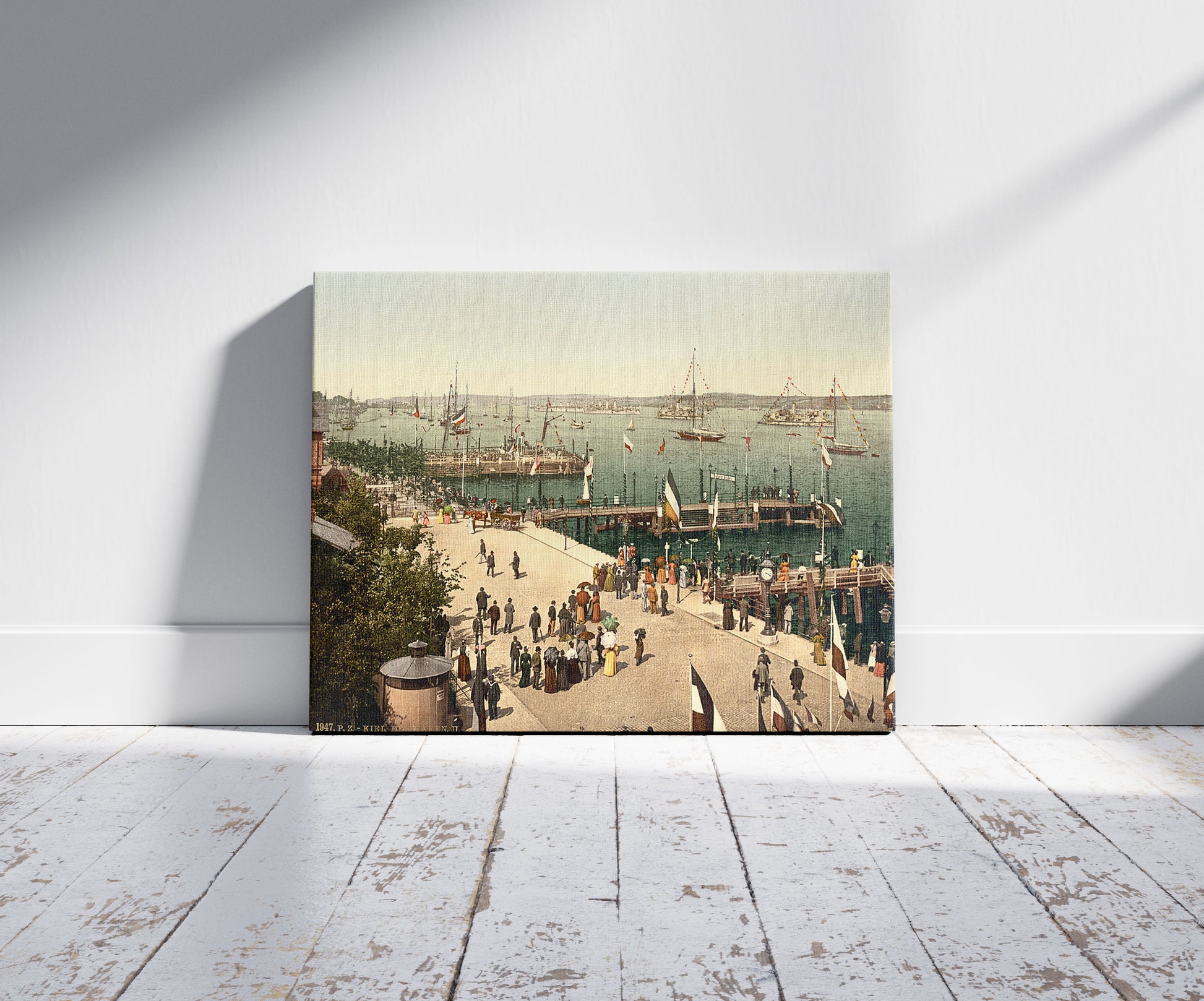 A picture of The harbor, III., Kiel, Schleswig-Holstein, Germany, a mockup of the print leaning against a wall
