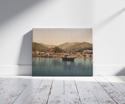 A picture of The harbor, San Remo, Riviera, a mockup of the print leaning against a wall